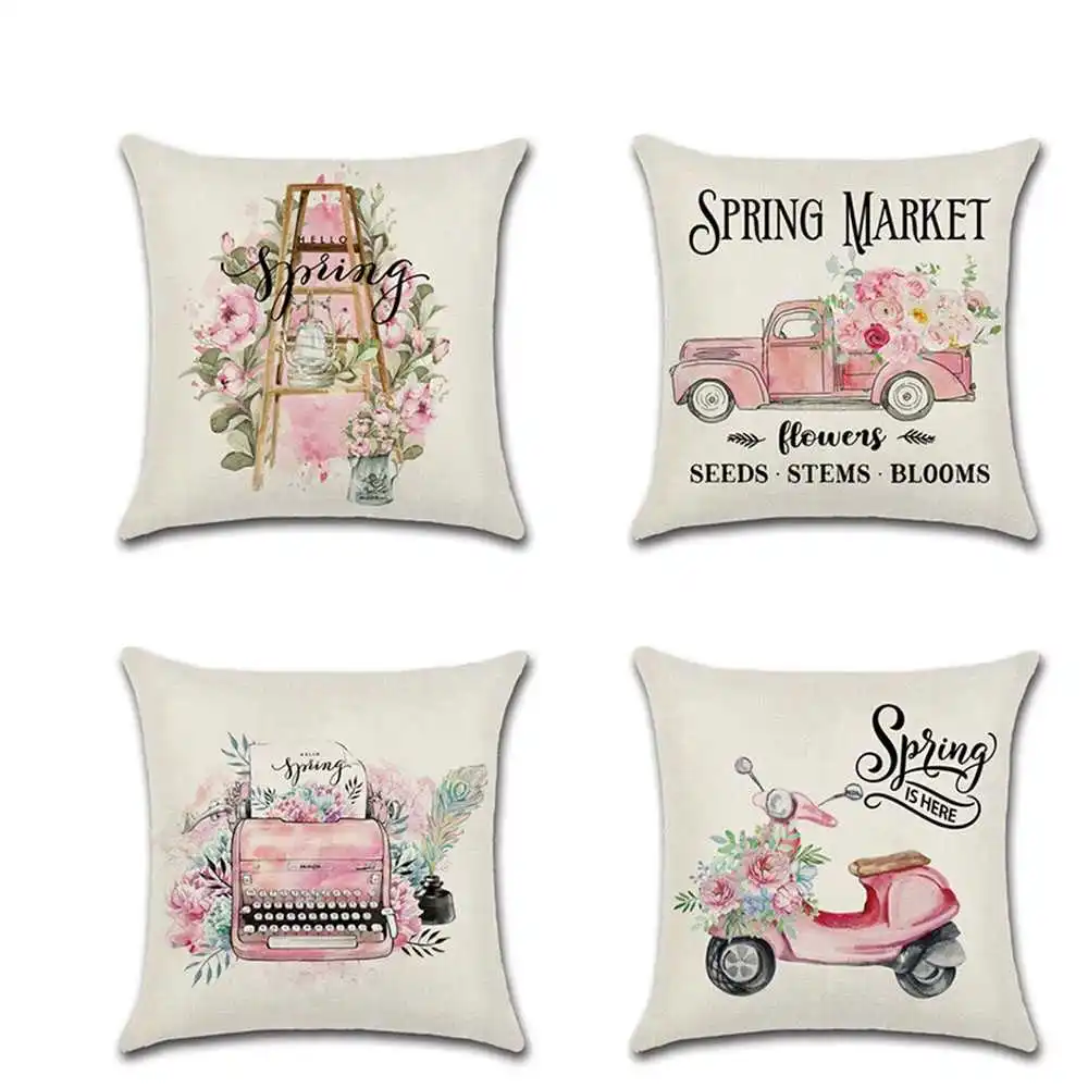 

New Pink Motorcycle Pillowcase Cute Truck Printing Linen Pillowcase Square Pillowcase Home Decoration Car Sofa Cushion Cover