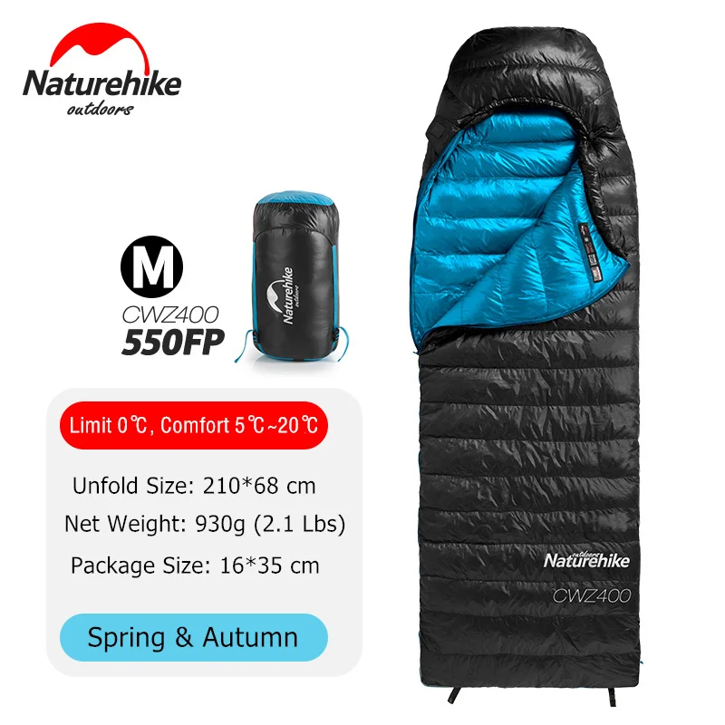 Naturehike CW400 Сверхлегкий 4 сезона квадратный гусиный пух альпинистский спальный мешок для холодной погоды водонепроницаемый спальный мешок для кемпинга - Цвет: 550FP - Black - M