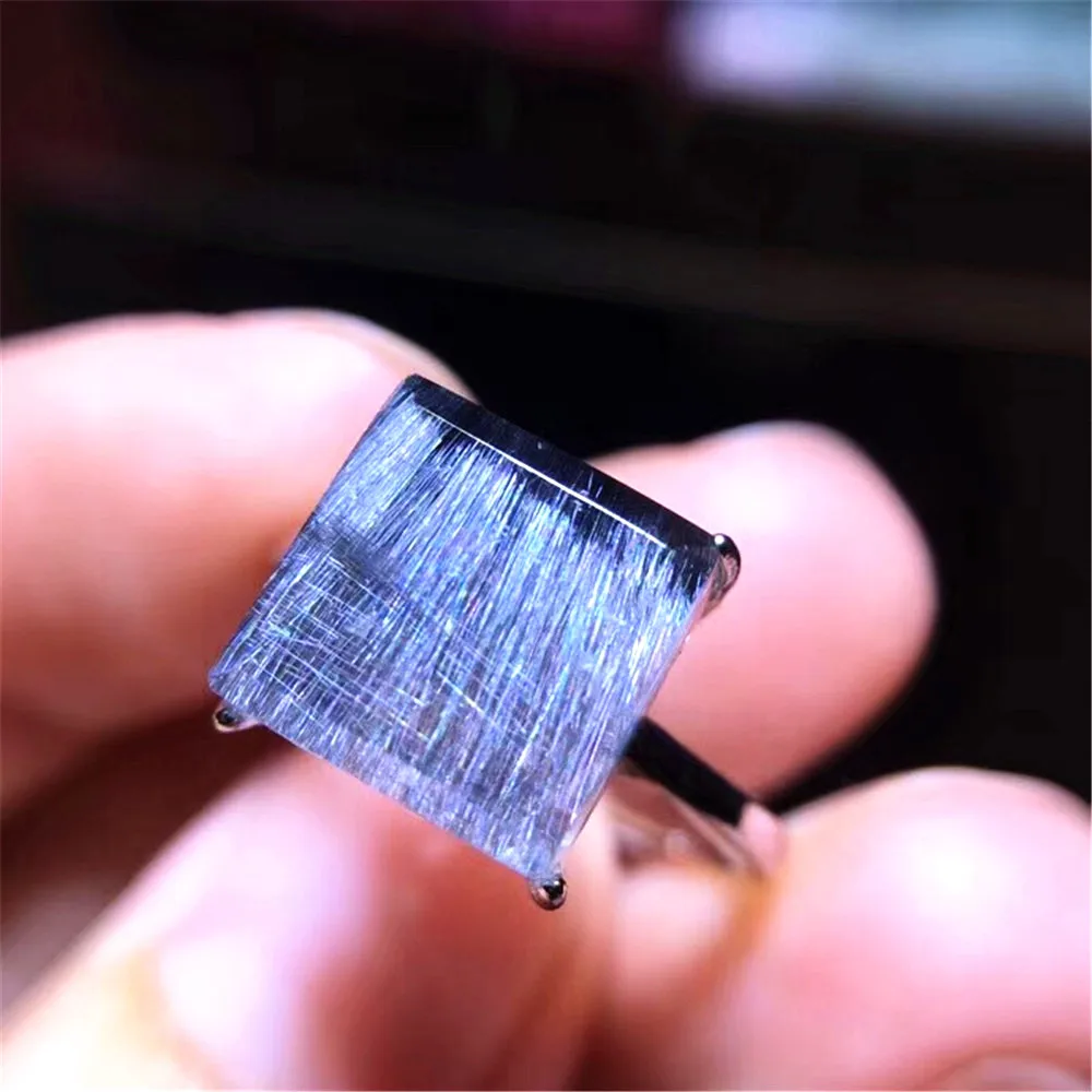 

9mm Top Natural Brookite Silver Rutilated Ring Jewelry For Woman Man Lucky Rectangle Beads Crystal Stone Adjustable Ring AAAAA