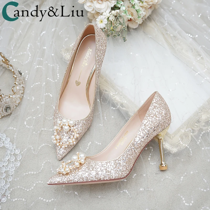 

Female Pumps Pearls Sequins Button Pointed Toe Wedding Shoes Dress 2021 New Summer Women's High-heeled Bridal Quality Cute Heels