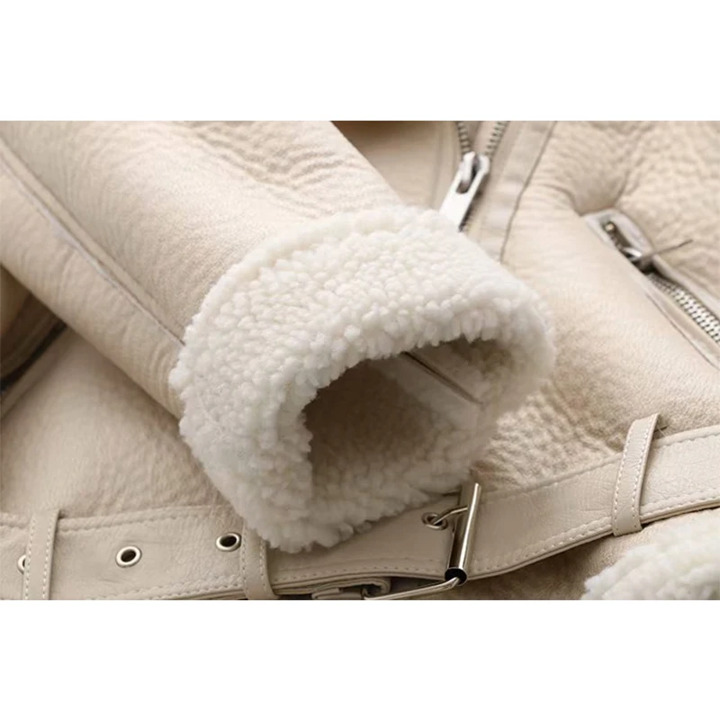 

New Women White Faux Leather Sheepskin Coat Female Black Loose Lamb Warm Jackets Turn Down Collar With Belt