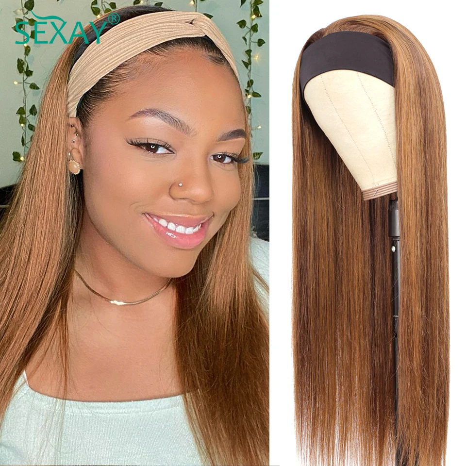 

Sexay #30 Blonde Headband Wigs Peruvian Straight Human Hair Wigs With Head Band Dark Roots Ombre 1B 99J Red Scarf Wigs