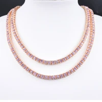 rose gold pink crystal 1 row tennis chain hip hop womens necklace mens punk rapper singers iced out bling cz fashion jewelry