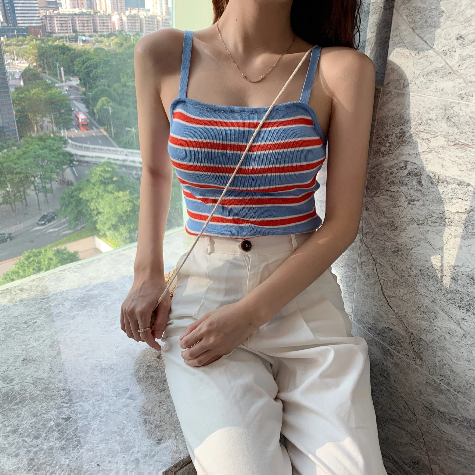 

Rainbow Stripes Knitted Bottoming Vest for Women Camisole Female Korean Style Slim Tank Top Women Inside Wear Short Top Feminino