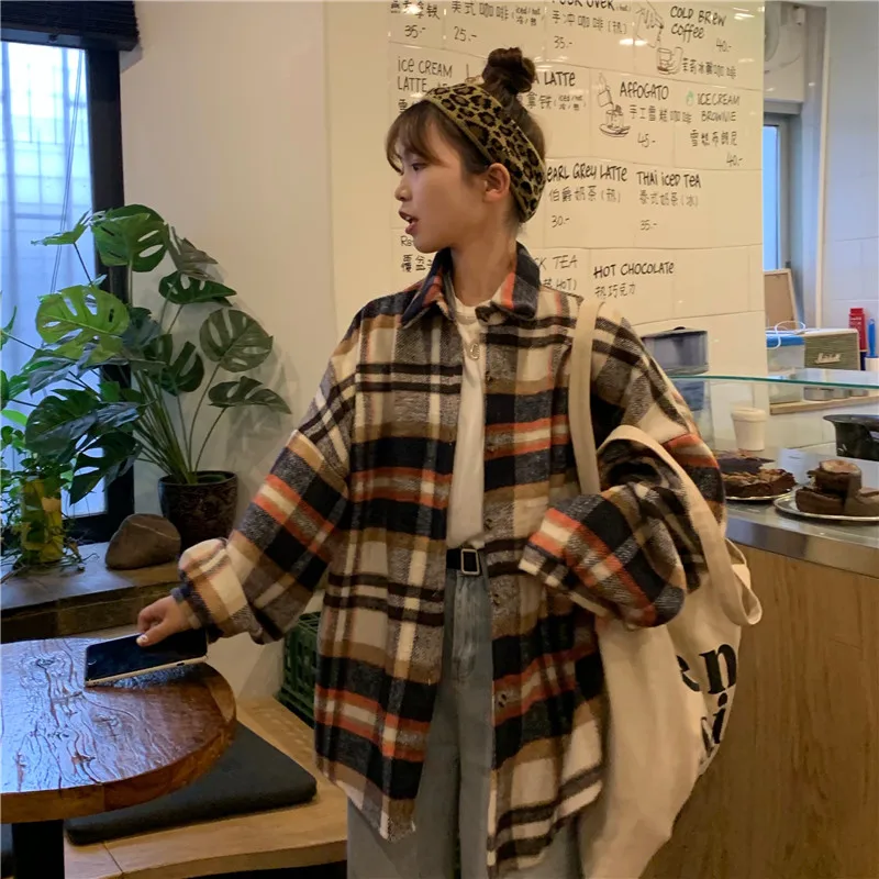 Корейская клетчатая рубашка женская одежда Harajuku однобортная Осенняя рубашка с длинными рукавами женская рубашка большого размера с отворотом Женская