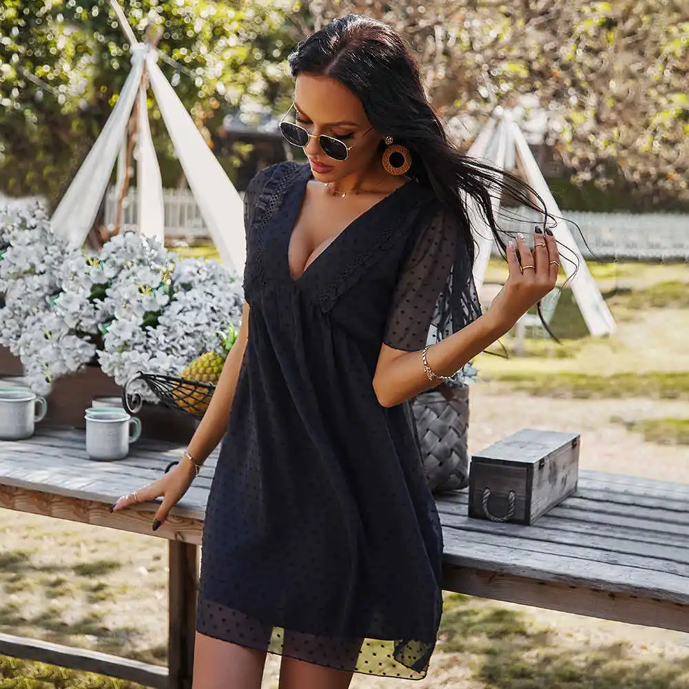 

Boho Dress Women 2021 Summer Casual V-Neck A Line Drawstring Mini Party Dresses For Women Elegant Holiday Beach Dresses Clothing