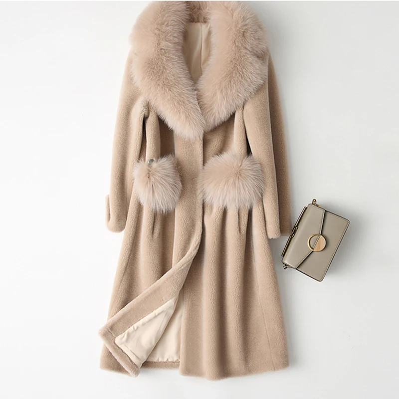 

Latest Fashion Street Women's Real Sheep Fur Winter Jacket Thicken Warm Outerwear With Big Real Fox Fur Collar Long Coats