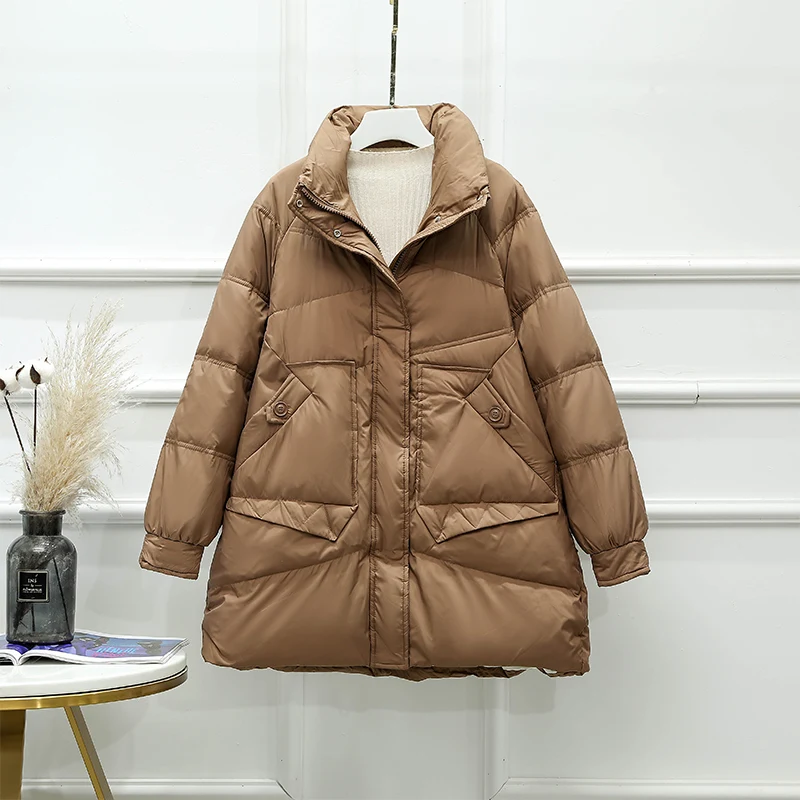 

Куртка женская на белом утином пуху, с воротником-стойкой, на молнии, 2021, зимняя, теплая, свободная, парки с карманами