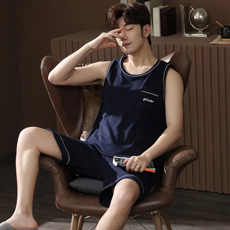 Летняя темно-синяя повседневная спортивная одежда модель 4XL Пижама для мужчин