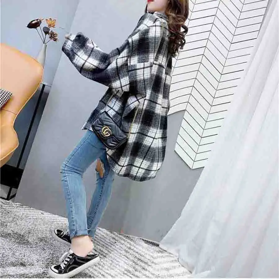 

DIOROBBEN lantern Sleeve plaid shirt women tops elegant Turn-down Collar single breasted 2020 fashion ladies thicken blouses