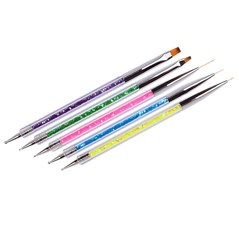 

5Pcs Nail Art Dotting Pen Acrylic Rhinestone Crystal 2 Way UV Gel Painting Manicure Tool Drawing Liner Flower Brush