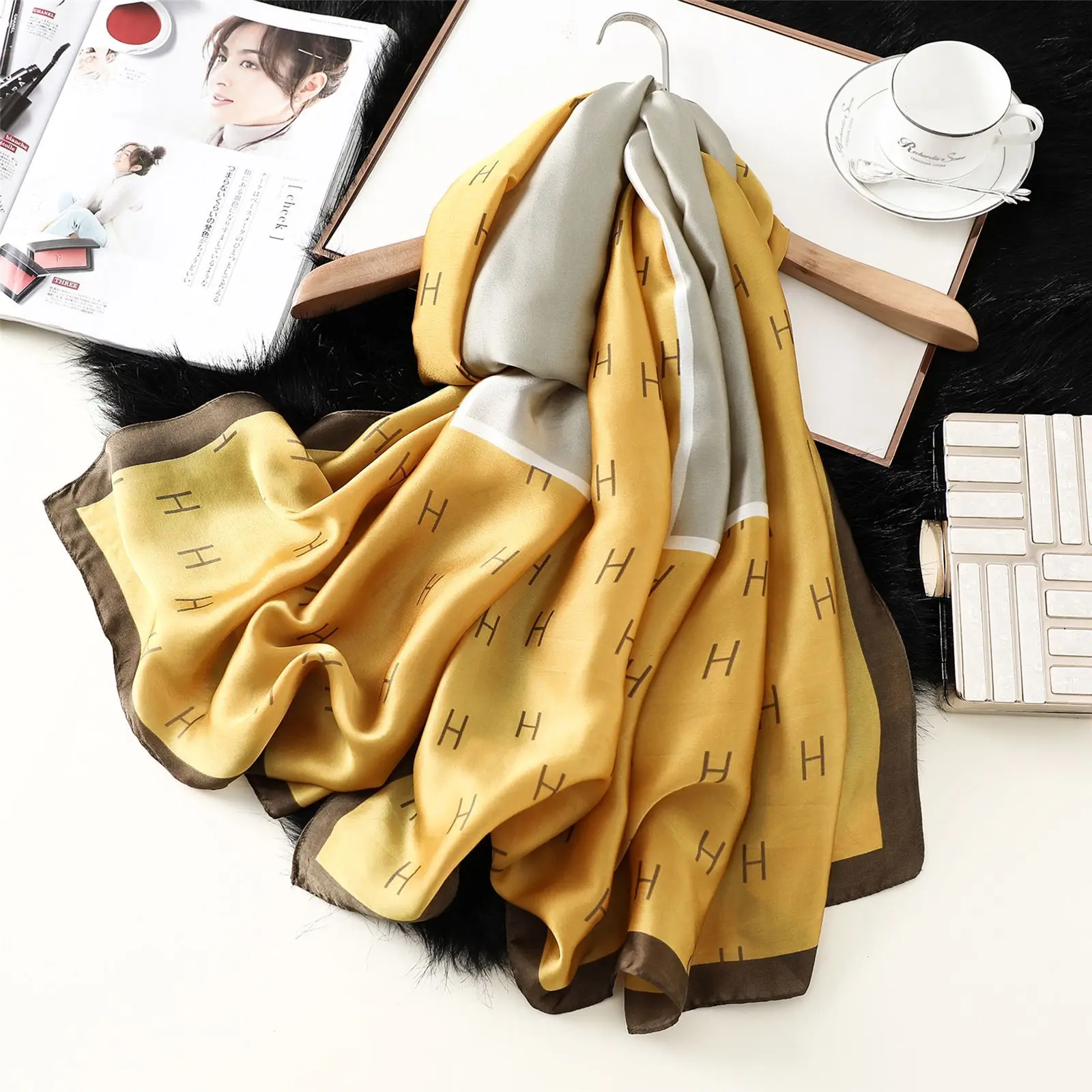 180*90 см Новый женский шелковый шарф с буквенным принтом элегантная