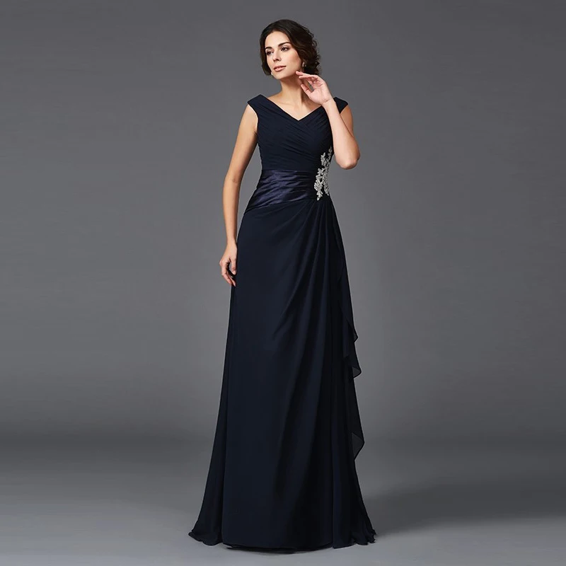 

Mother of the Bride Dresses Graceful Dark Full Length V Neckline Sleeveless Appliqued Ruffles Wedding Party Gowns فساتين السهرة