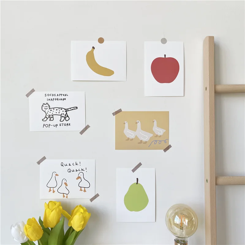 Открытки Ins Cartoon Color Fruit Animal Decoratiove Card - 5 листов картона с нарисованными яркими фруктами, животными и декоративными элементами в стиле корейского дизайна для украшения стен комнаты или использования в качестве фото-атрибутов.