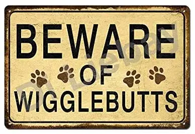 

Mvgges Beware of Wigglebutts 12"x8" Vintage Metal Tin Sign Pet Dogs Paw Prints with Funny Sayings