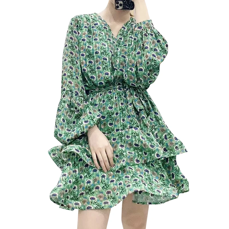 

VGH Vintage Patchwork Ruffle Dress For Women V Neck Lantern Long Sleeve Print Mini Spring Dresses Female Fashion New Clothing