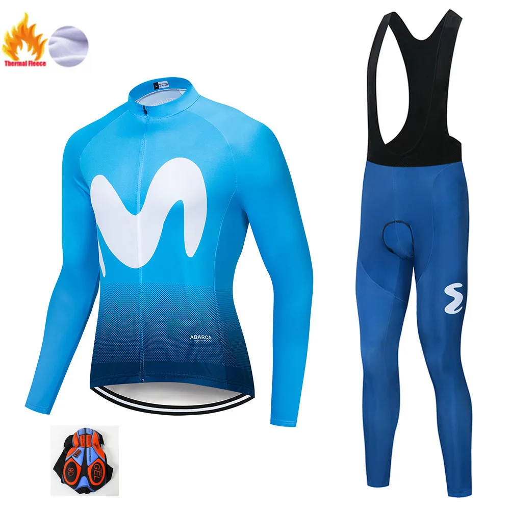 Winter Jersey Suit Movistar зимний термальный флис с длинным рукавом Велоспорт Джерси Набор мужская одежда велокостюм из флиса велосипед Майо Ropa Ciclismo - Цвет: Winter Jersey Suit
