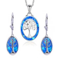 fyjs unique jewelry sets silver plated tree of life pendant blue opalite opal necklace drop earrings