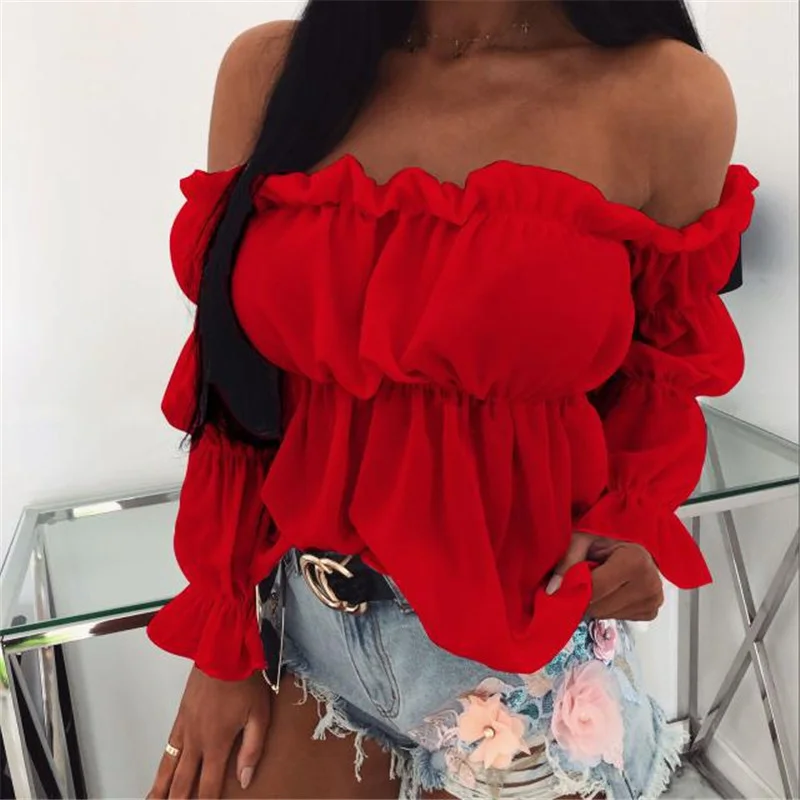

Fashion 2020 Elegant Women Off Shoulder Chiffon Blouse Fashion Solid Color Pleated Sexy Shirt New Office Street Tops and Blouses