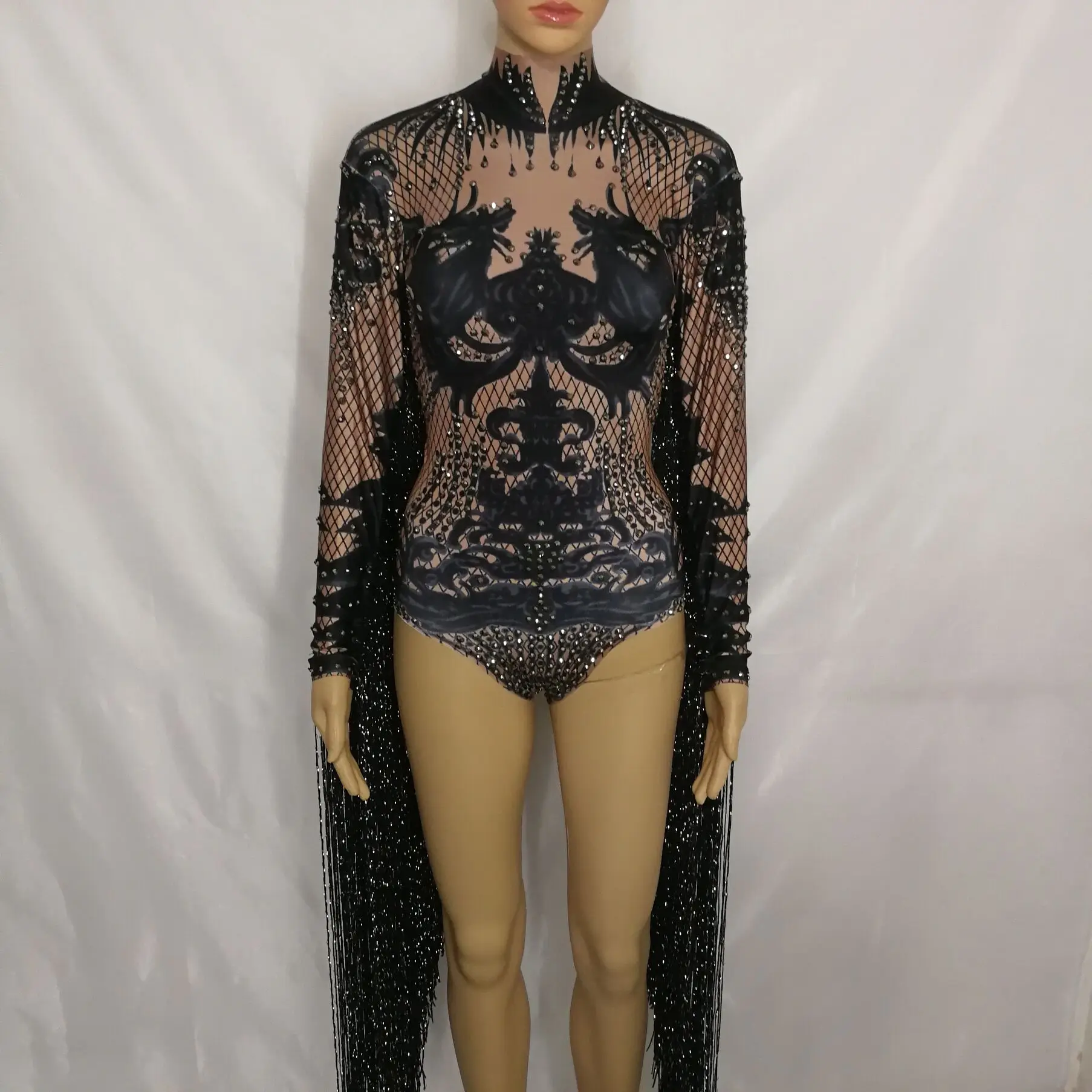 black bodysuit only Женский комбинезон, боди, сексуальные яркие кристаллы, рыбья чешуя, блестки, камни для певицы, танцора, ночного клуба, оленя, вечерние костюмы - Цвет: black bodysuit only