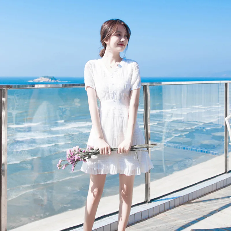 New Summer Dresses for Women's Seaside Resort High-waisted Chiffon Dresses for Women's Little White Dresses