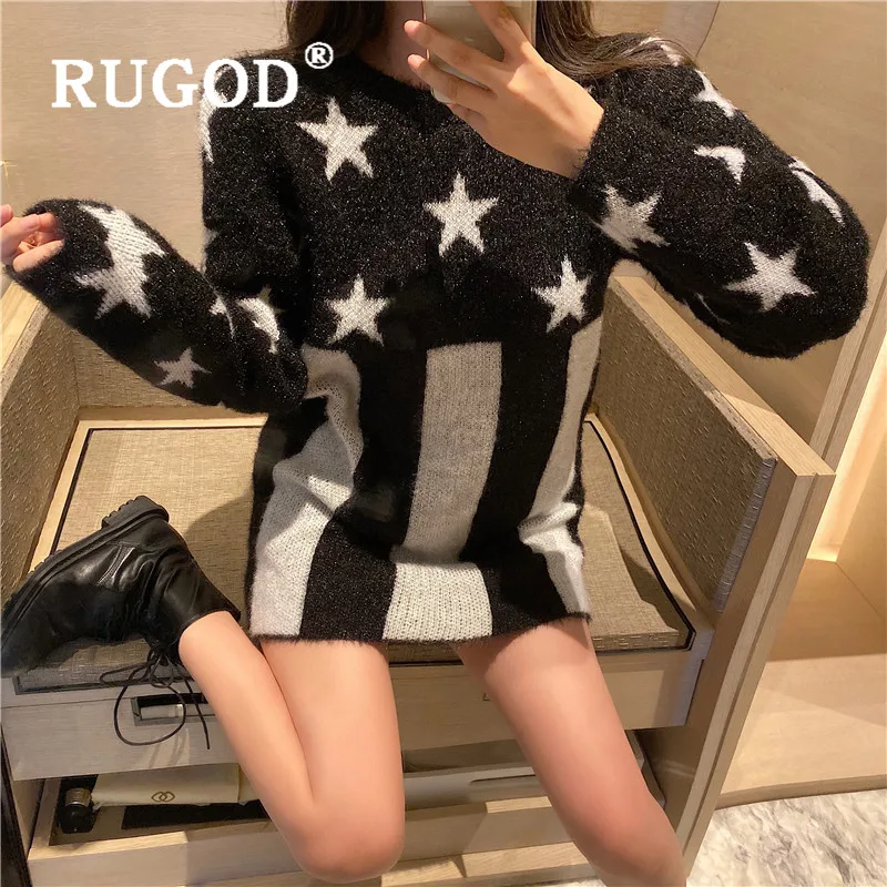 RUGOD Autumn Winter New Style Loose Star Pattern Fuzzy Sweater Dress Women Medium Long Mohair Pullover Fashion 2019 Kpop Clothes | Женская