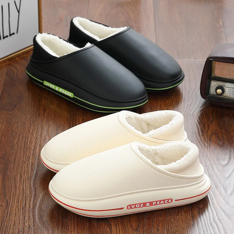 

Thick Sole Slippers Men Winter Waterproof Warm Shoes Non-slip Lazy Cotton Slippers Comfort Plush Slippers Women Couples Shoes