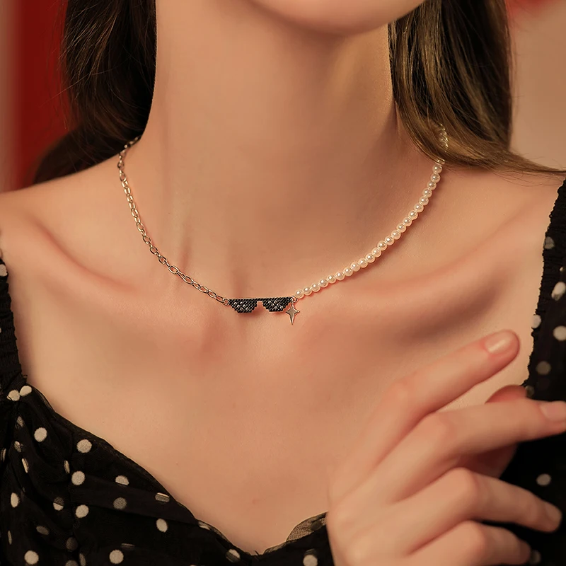 

925 Sterling Silver And Pearl Necklace Punk Style Sunglasses Pendant Pixel Charm Zircon 2021 New Jewelry For Women