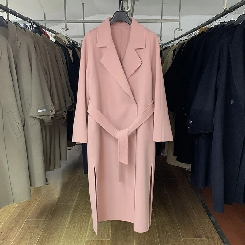 

2021 Casaco Warm Double Sides Retro Long Coats Women Belt Tops Female Wool Coat Winter Woolen Overcoat Cashmere Clothes FG79