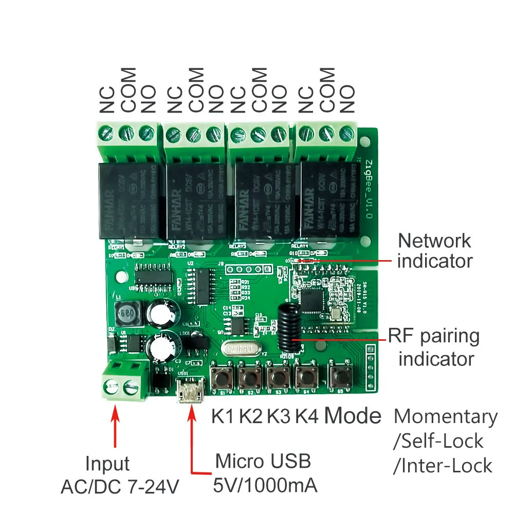 4-канальный умный релейный выключатель ZigBee для гаражных дверей совместимый с Philips