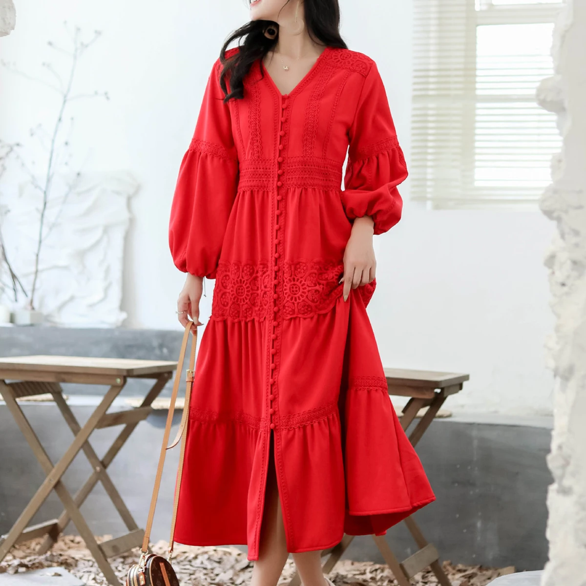 

Jastie Women Boho Summer Dresses 2022 Retro V-Neck Long Sleeve Hook Flower Hollow Single-Breasted Slim High Waist Robe Femme