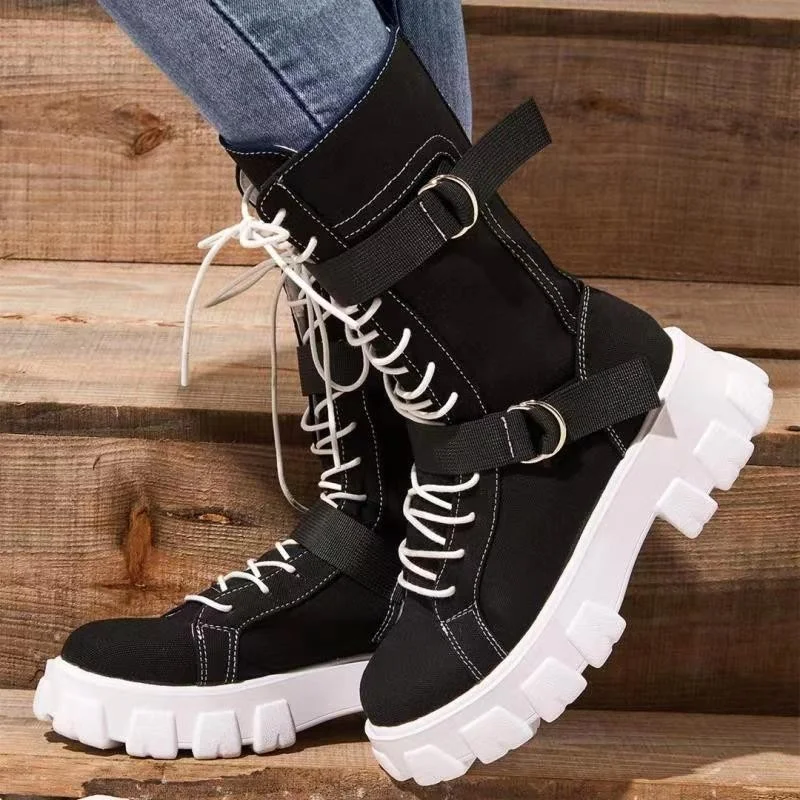 

2022 Women Mid-Calf Boots Autumn Winter Punk Genuine Leather Boots women Zipper Cross-tied Riding Boots High Heels Shoes Woman