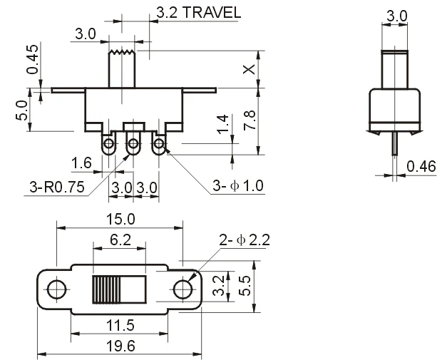 

100Pcs SS12F15VG4 Toggle Switch 3PIN 1P2T Slide Switch Handle high 4mm SS12F15