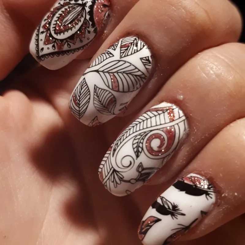 8 шт. пластины для стемпинга ногтей + 1 штамп скребок цветов и перьев рисунок гейши