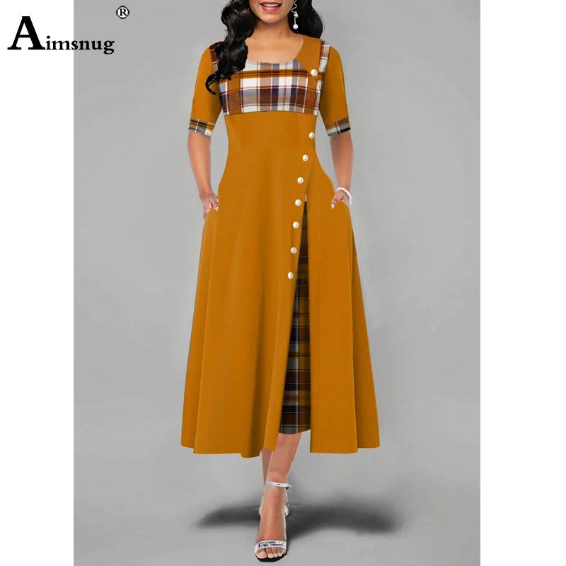 Plus Size 4XL 5XL Women's Elegant Long Plaid Print Party Dresses - Irregular Ladies Vintage Button Dress with Patchwork A-Line image 3