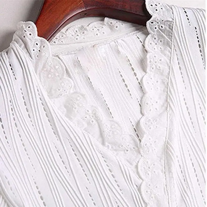 

Women Floral Cotton Blouse Hollow out V-neck Tops Summer New Ladies Half Shirts Grace Girl Female Clothes