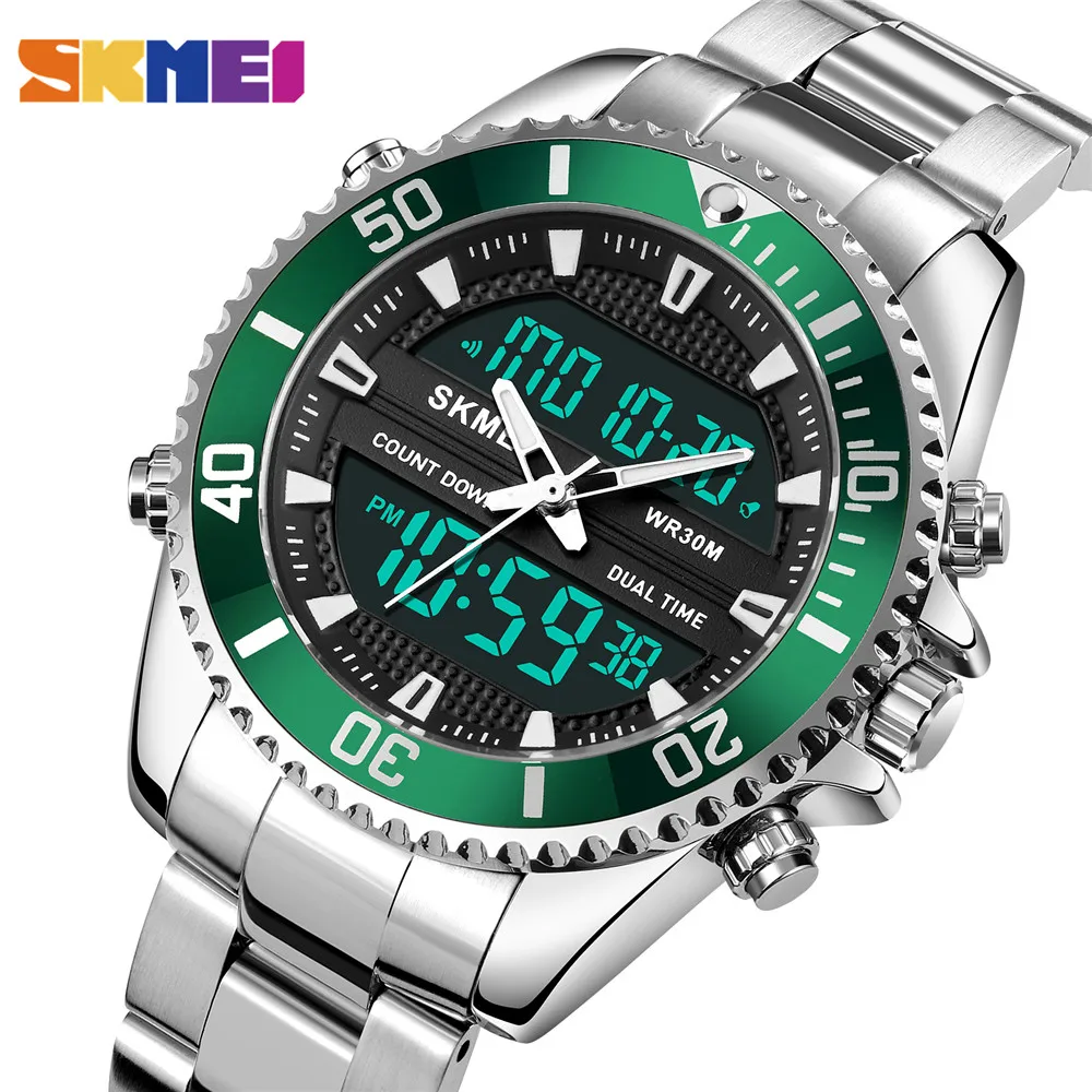 

SKMEI Quartz Digital Dual Movement Waterproof Wristwatch Men Sport Watches 3 Time Countdown Stopwatch Clock reloj hombre 1850