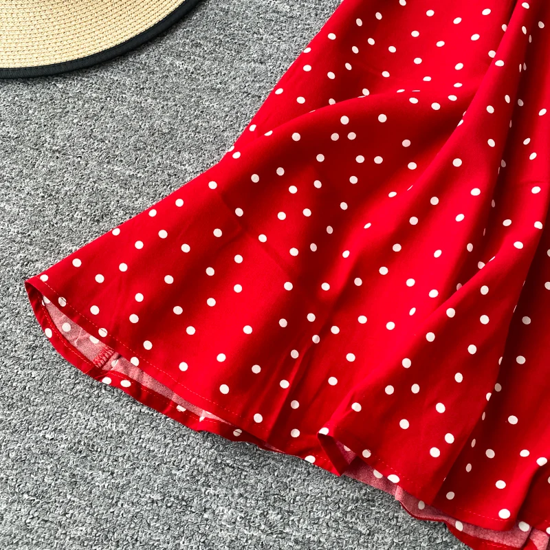 

Women Summer Dress 2020 V-neck Short Sleeve Mini Red Beach Style Polka Dot Chiffon Dress Boho Clothing Roupas Feminina