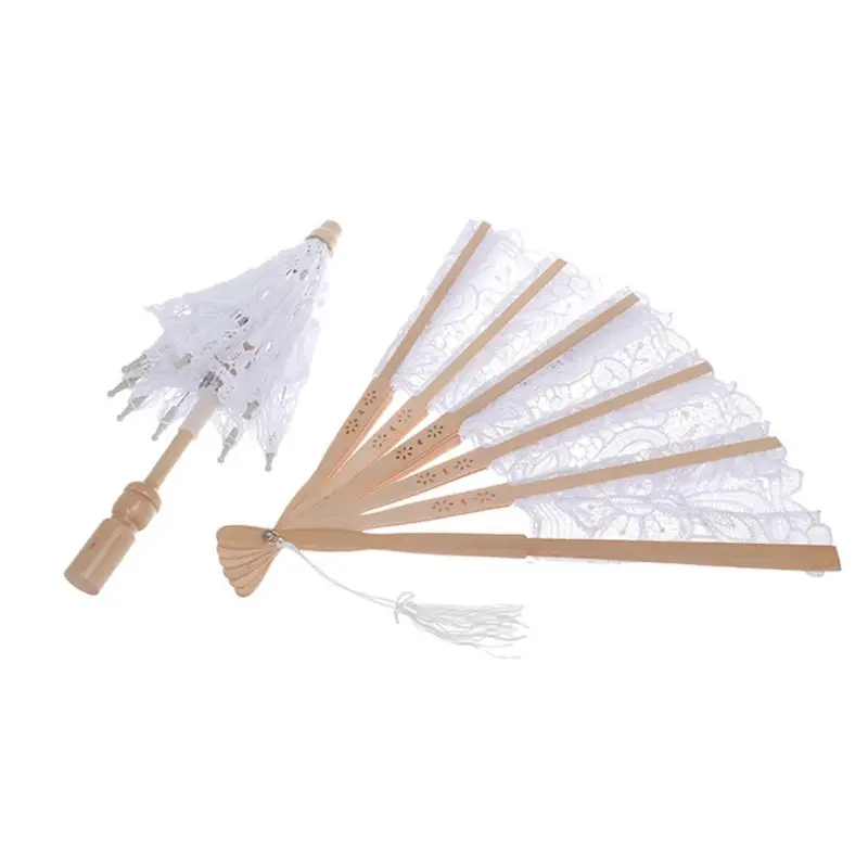 Кружевной декоративный складной веер и маленький кружевной зонт в китайском