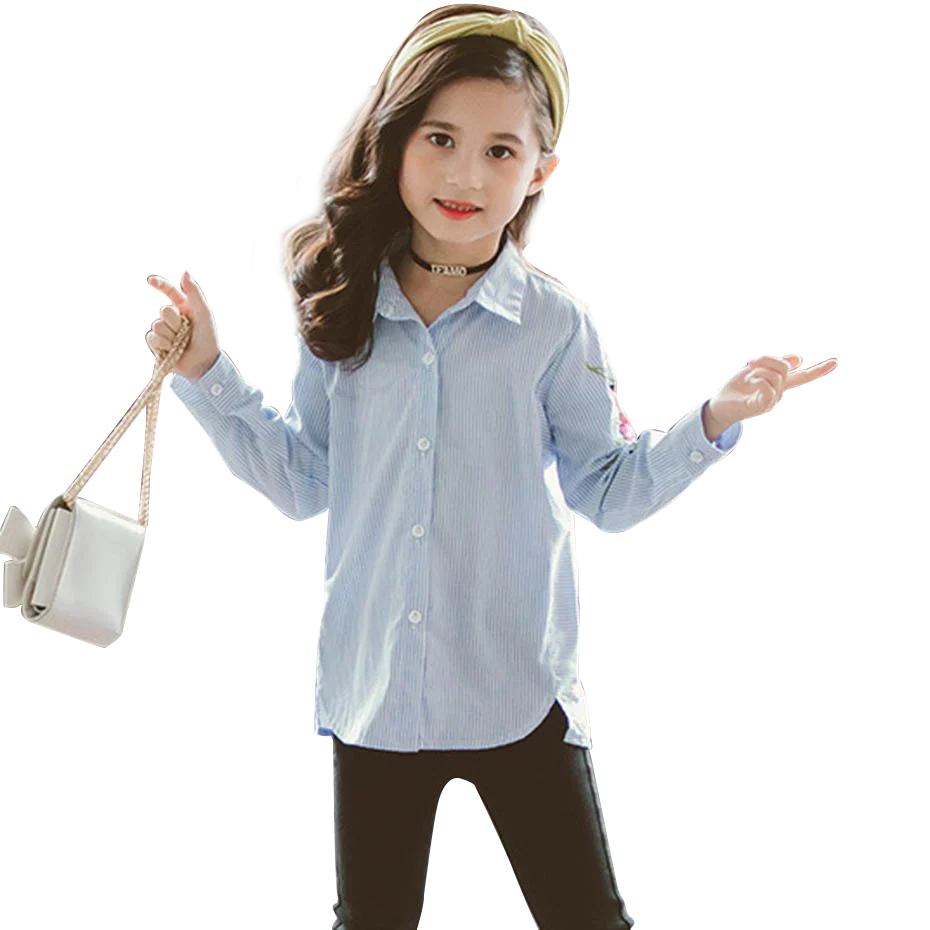 Блузка для девочек с цветочной вышивкой рубашка отложным воротником модная