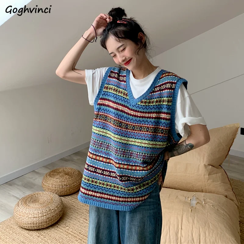 

Sweater Vest Women Vintage Striped Knitting Students Loose Soft Korean All-match Trendy Quality Mujer Summer Aesthetic Clothing
