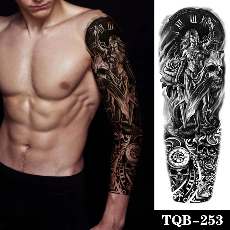 

Large Arm Sleeve Tattoo Roman Clock Balance Sword Rose Waterproof Temporary Tatoo Card Snake Men Women Full Skull Totem Tatto