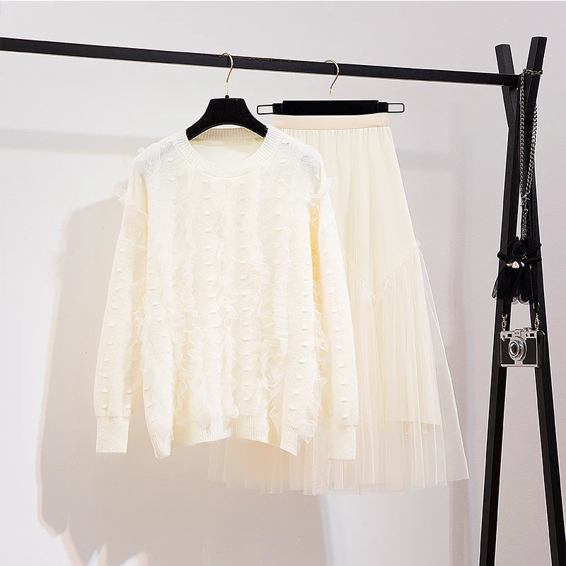 

ICHOIX Two-Piece Set Sweet Girls Lace Round Neck Sweater + Elastic Waist Mesh Long Skirt Pink And Apricot Colors Female Outfits