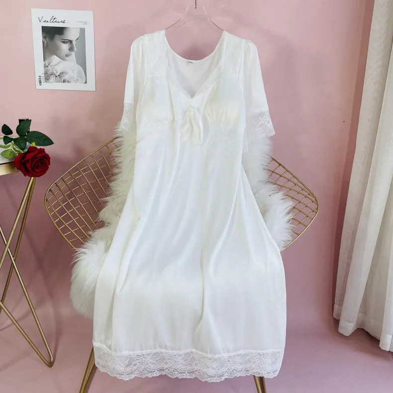

2021 New Nightgown Satin Silk Sleep Dress Women Intimate Lingerie Home Dressing Gown Lace Patchwork Nightdress With Chest Pads