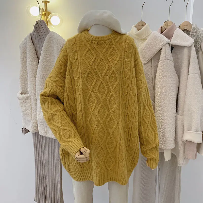 

Однотонные свитера, пуловеры, женские повседневные осенне-зимние толстые теплые свободные винтажные дамские вязаные пуловеры оверсайз в с...