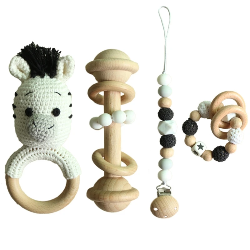 

4Pcs/Set Baby Pacifier Clip Teething Bracelet Crochet Zebra Soother Chain Rattle XX9E