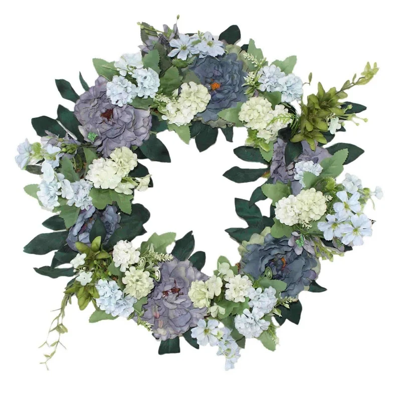 

Peony Wreath Summer Door Wreath for Window Wall Wedding - Handcrafted on a Grapevine Wreath Base - Blue and Purple Tones