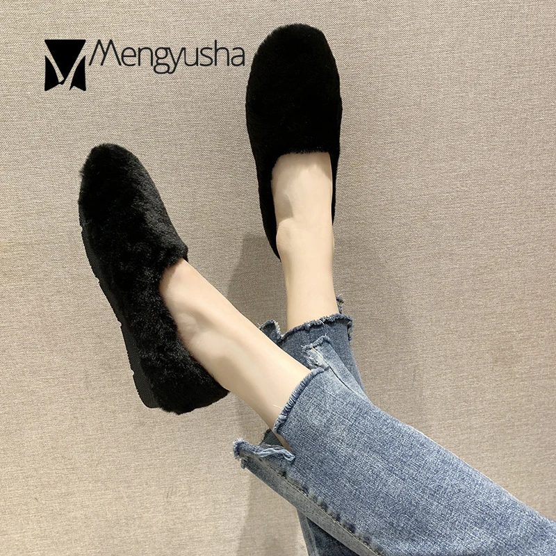 Мокасины зимние плюшевые теплые женские хлопковые туфли на плоской подошве