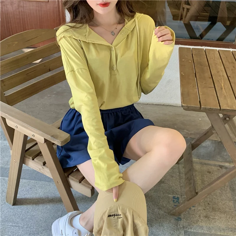 Свитшот женский экономичный осенний в Корейском стиле с капюшоном однотонный