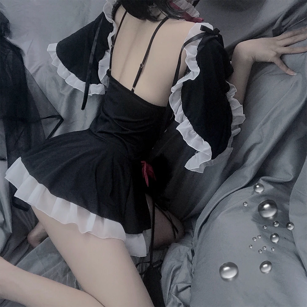 

Women Sexy Cosplay Maid Costumes Backless Erotic Cos Lolita Lingerie Black Cos Bat Open Chest Suspender Miniskirt